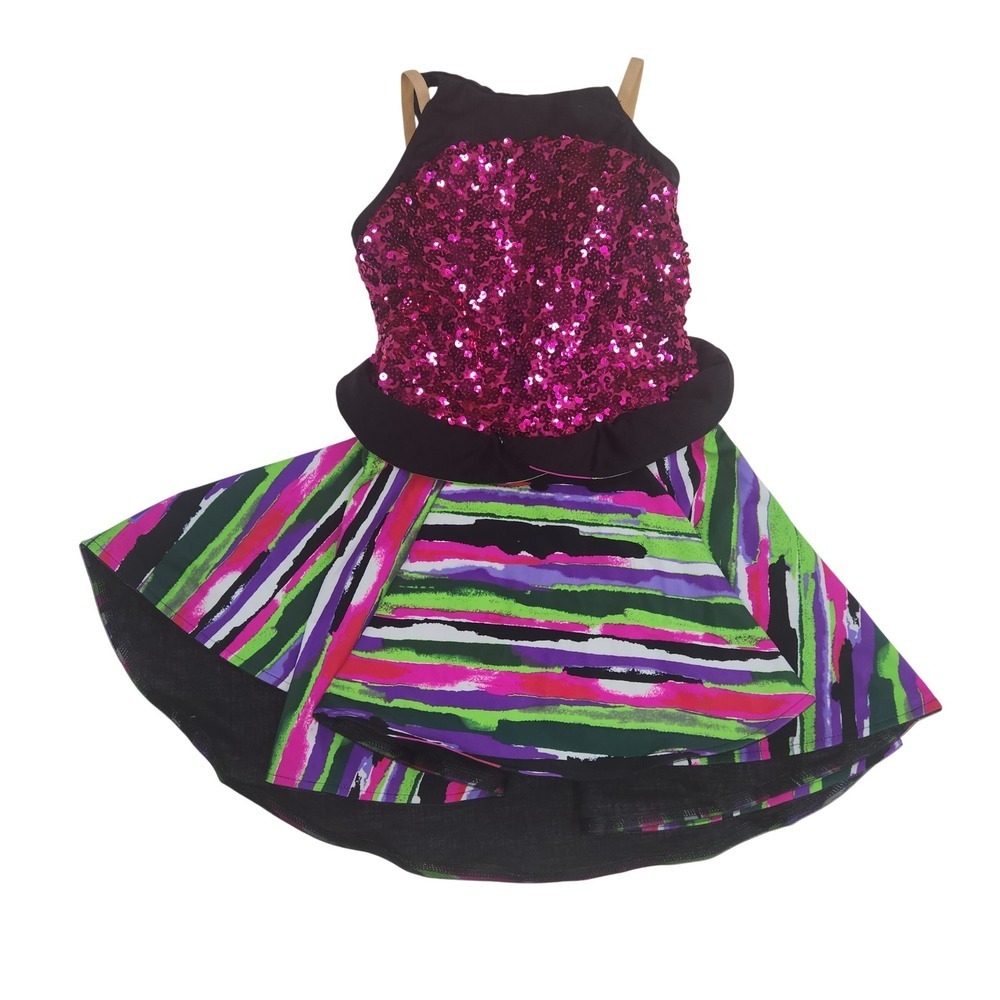 Pink Sequin Dance Leotard Dress Multi Striped Performance Excellent girls Large